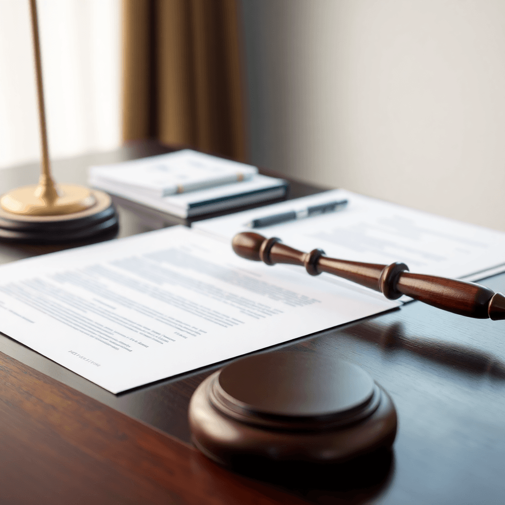 Documentos de contrato legal sobre un escritorio con mazo